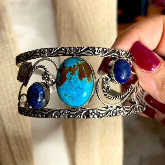 NEW Turquoise & Lapis Lazuli, 925 Silver, Adjustable Bangle - Picture 2 of 4